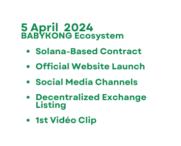 5 April 2024 BABYKONG Ecosystem Solana Based Contract Official Website Launch Social Media Channels Decentralized Exchange Listing 1st Vidéo Clip